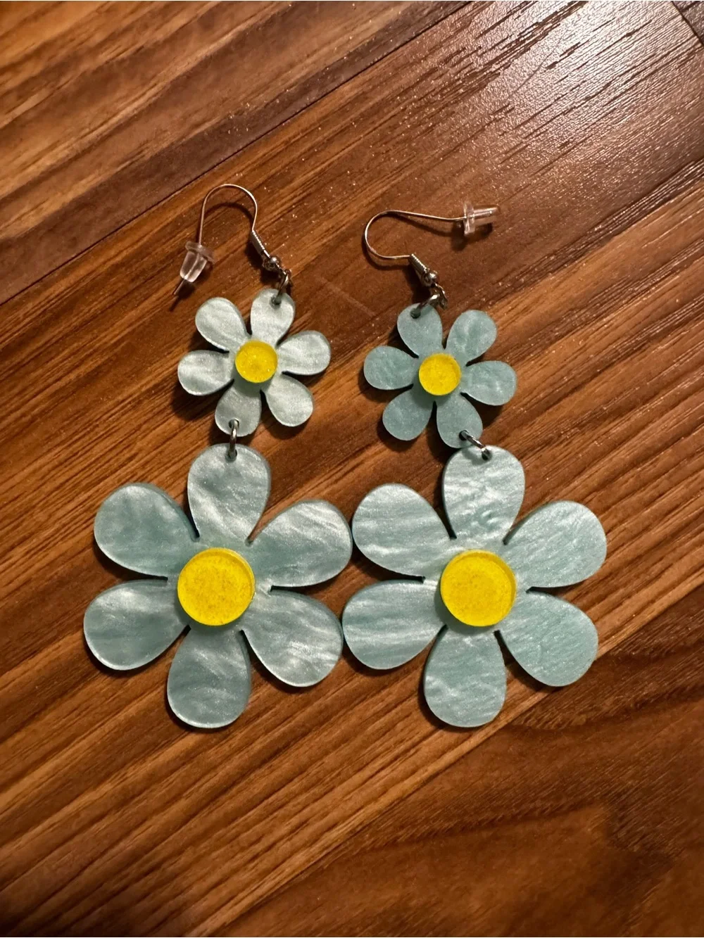Pastel Blue Daisy Drop Earrings with Yellow Center - Women Accessories